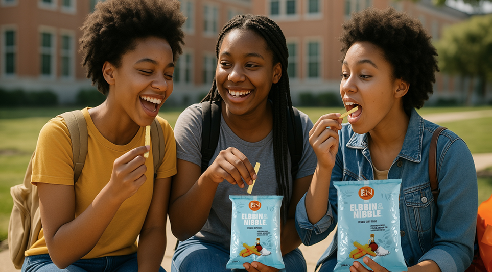 Friends enjoying Elbbin and Nibble multigrain baked snack sticks outdoors