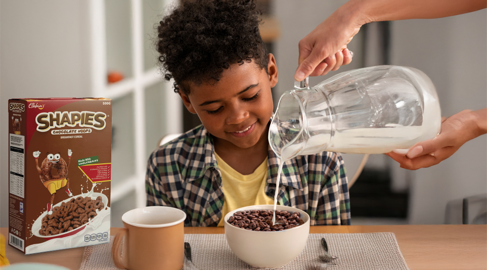 Fillow’s chocolate cereal with milk being poured for breakfast